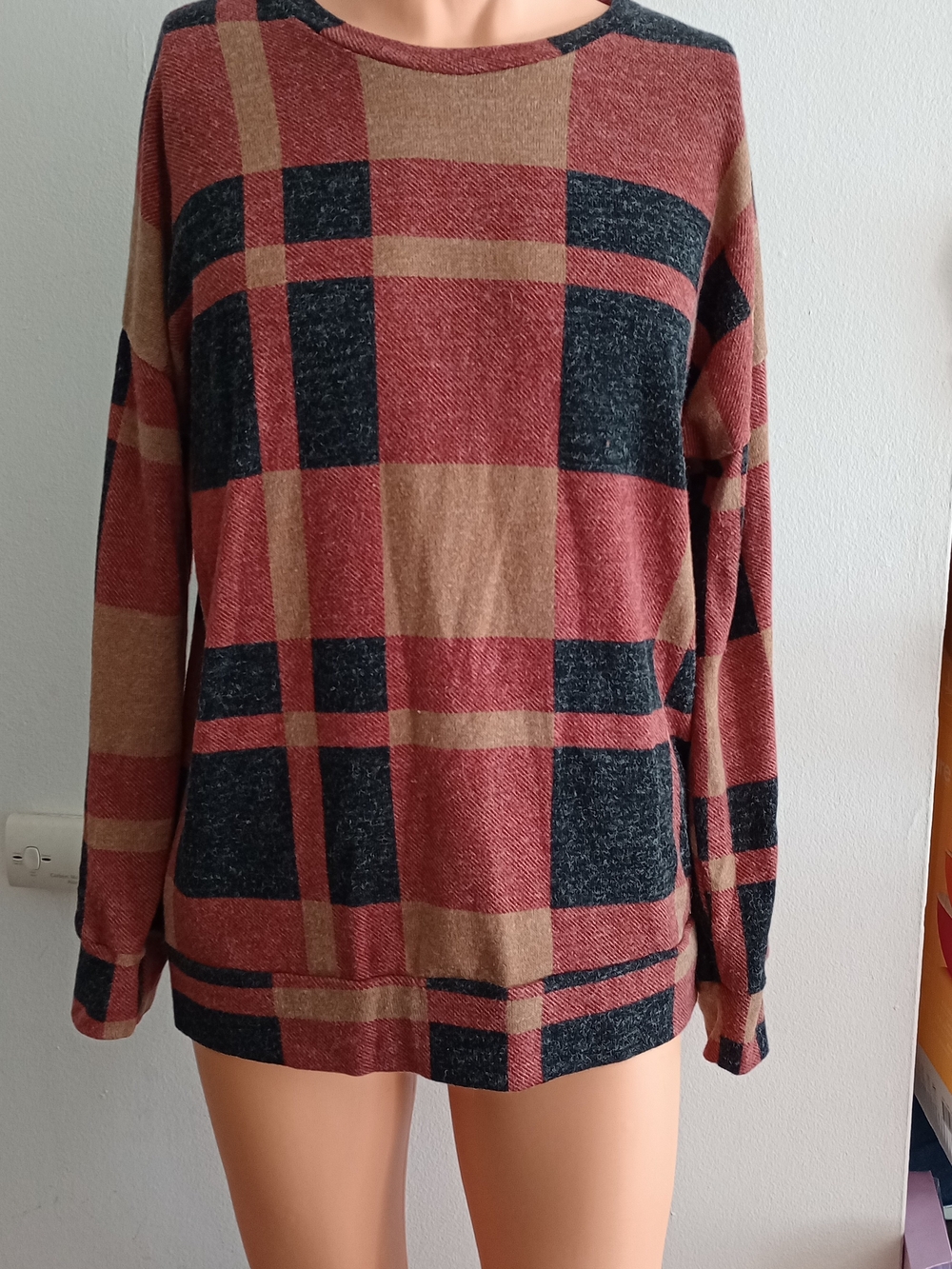 Plaid Long Sleeve Knit Top in Rust, Black & Tan By BOMBOM